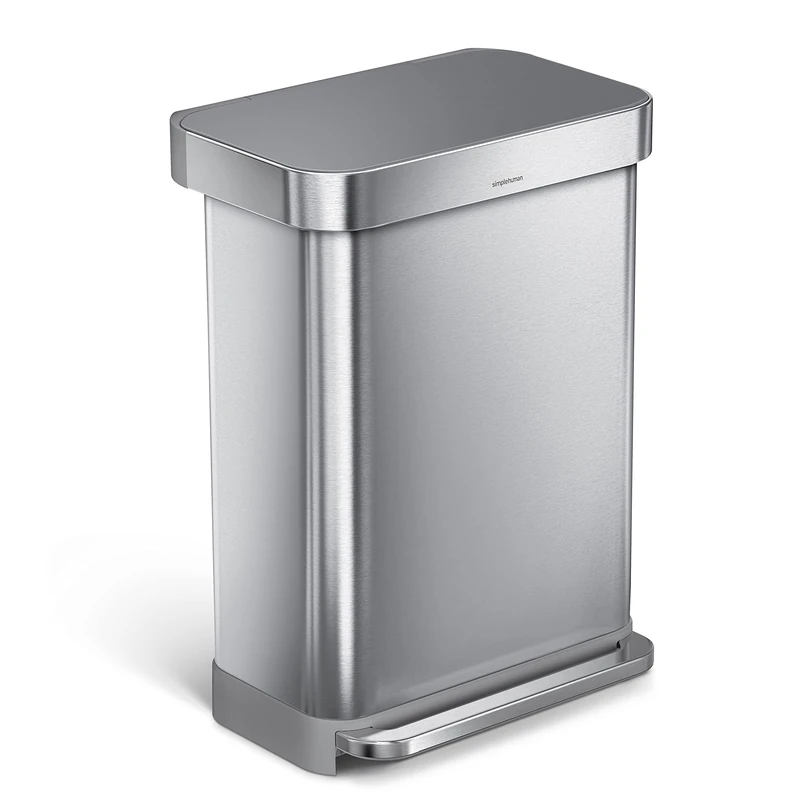simplehuman Rectangular Pedal Bin, 55L Kitchen Bin, Liner Rim System, Liner Pocket®, 150,000-Step Pedal, Lid Shox® Silent Close, Brushed Stainless Steel with Grey Plastic Lid
