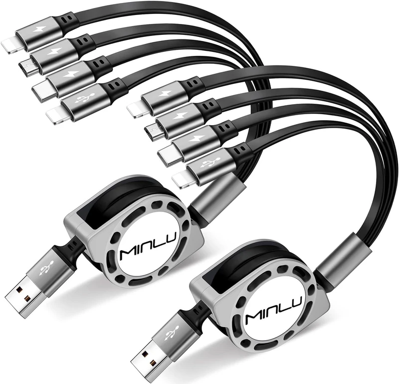 Minlu Multi Charger Cable, 4 in 1 Retractable Charging Cable [2Pack 1.2M] USB Multi Charger Cable with Lightning/Type C/Micro USB Port Compatible with iPhone 17 16 15 14/Huawei/Samsung/Pixel/Sony/LG