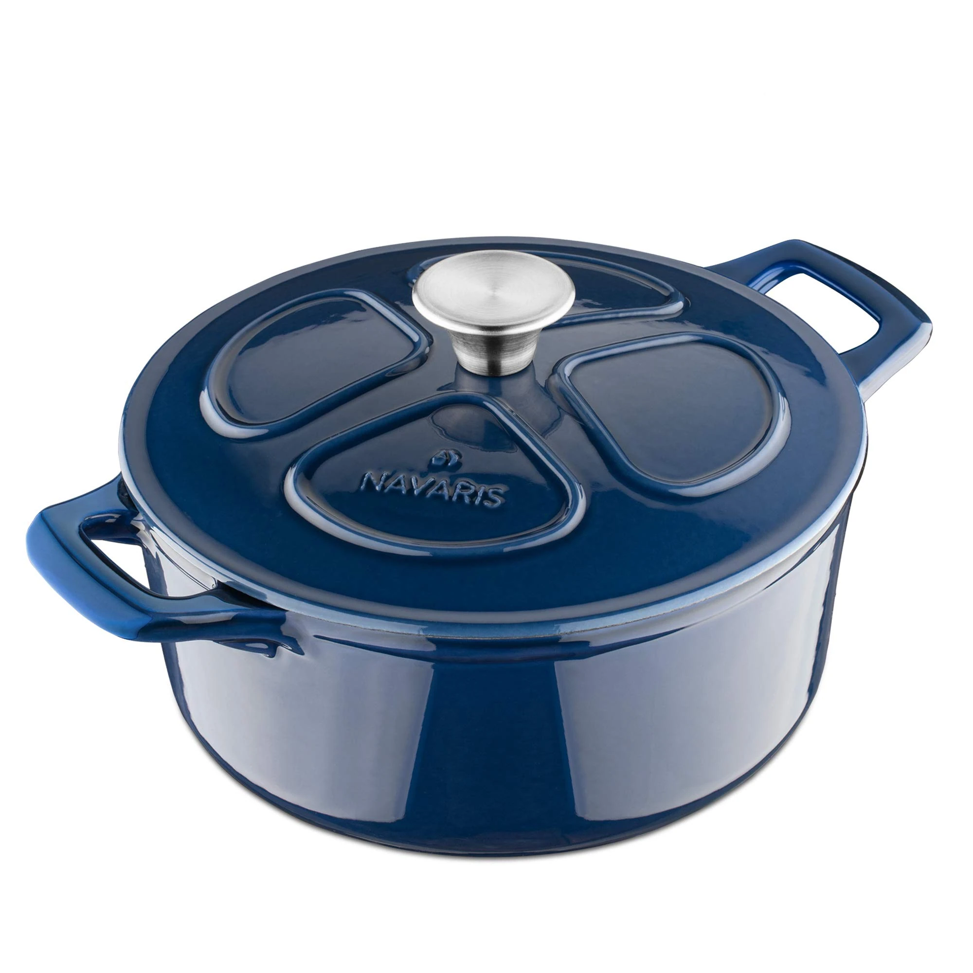 Navaris Cast Iron Casserole Dish with Lid - 24cm Round Dutch Oven Pot with Enamel Coating, 3.5L - Safe for Induction Hob, Oven - Dark Blue