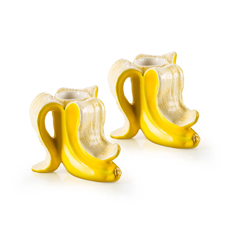 Donkey Products Banana Romance 210735 Candle Holder Set of 2 Yellow Dolomite Ceramic 7 x 8.5 x 7 cm - Image 1
