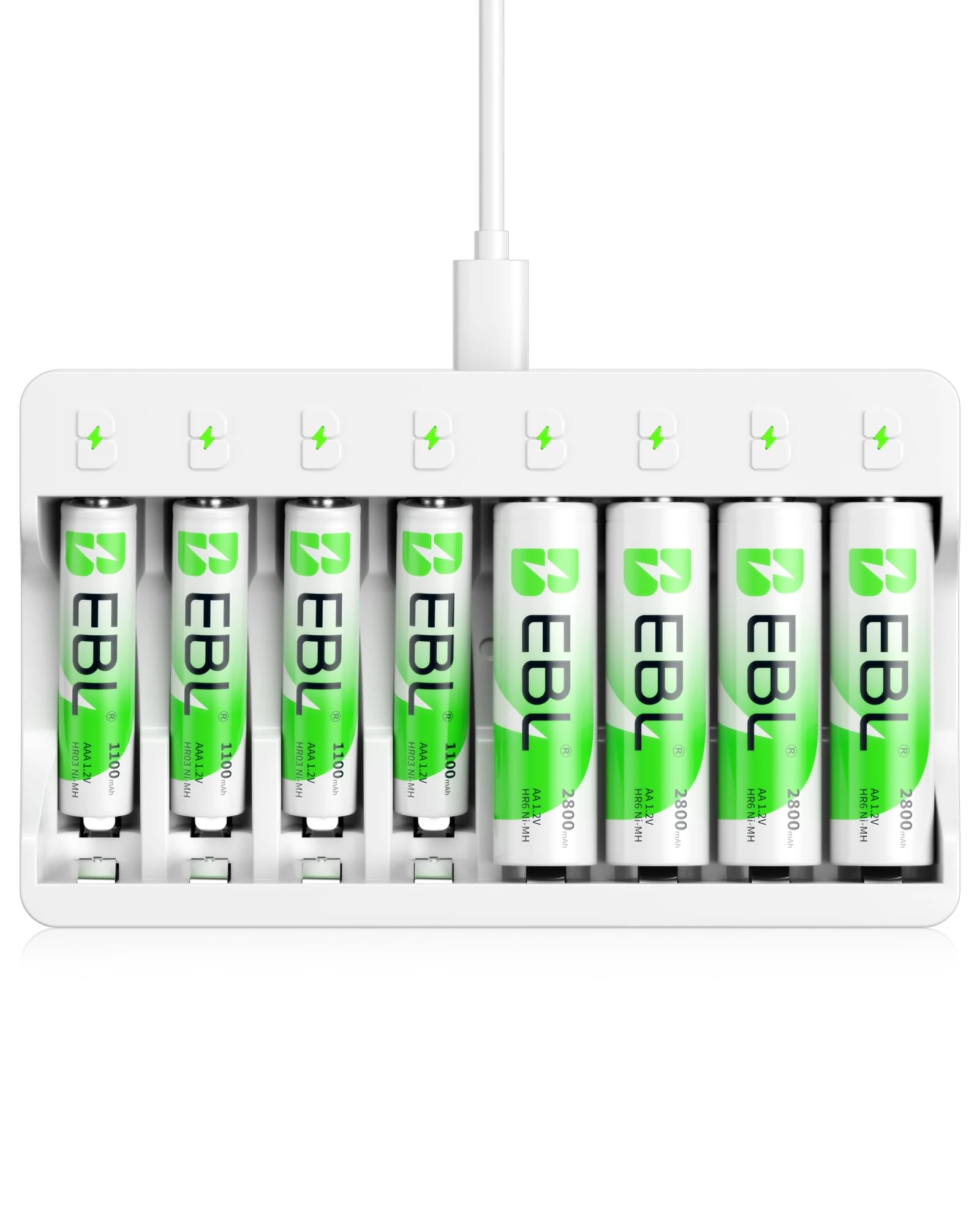 EBL 8 Slots LED Individual Battery Charger AA AAA NiMH with 5V 2A Fast Charging Function, including 4 x Rechargeable Battery AA and 4 x AAA Rechargeable Batteries (New Battery Packaging)