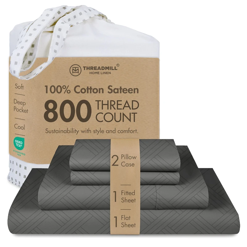 Threadmill 100% Cotton King Size Sheets Set 800 Thread Count Luxury Dark Grey Better Than Egyptian Cotton 4 Piece Damask Sheets 16 Inches Deep Pocket