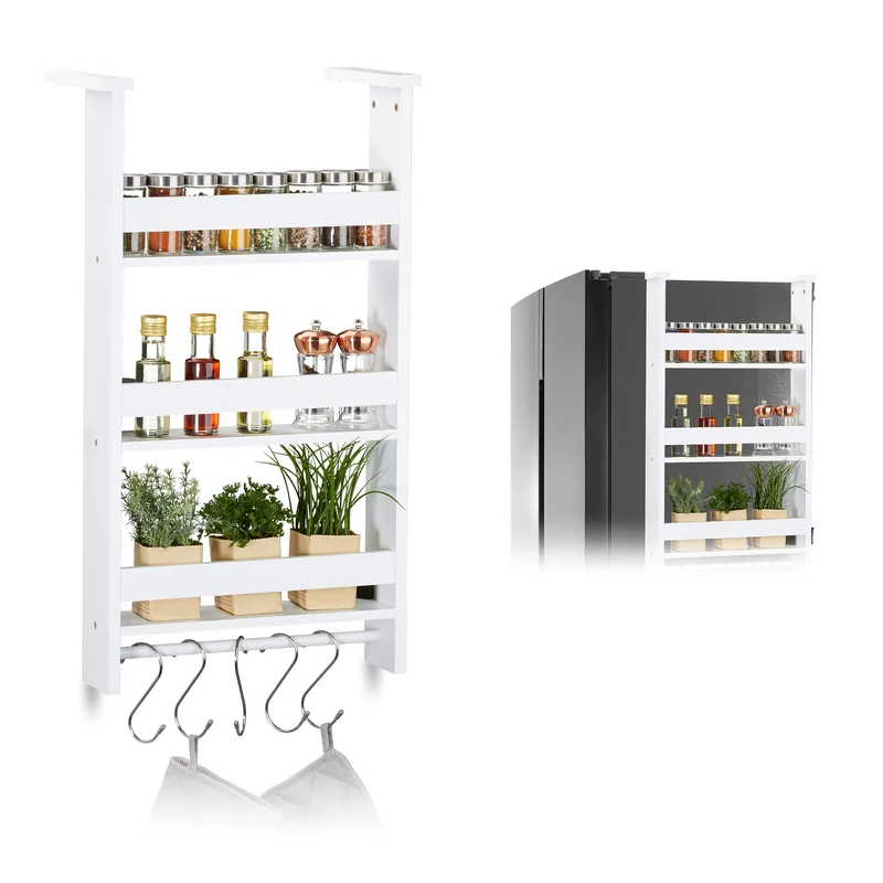 Relaxdays Suspended Spice Rack for Fridge, Hanging Storage Shelf for Kitchen, Rail & 5 Hooks, MDF: 74x42x20 cm White