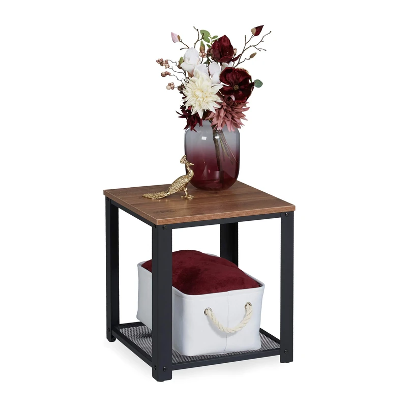 Relaxdays Side Table, Square Tabletop with Wood Look, Grid Tray, Steel, HWD: 44x40x40 cm, Brown/Black, PB, 44 x 40 x 40 cm