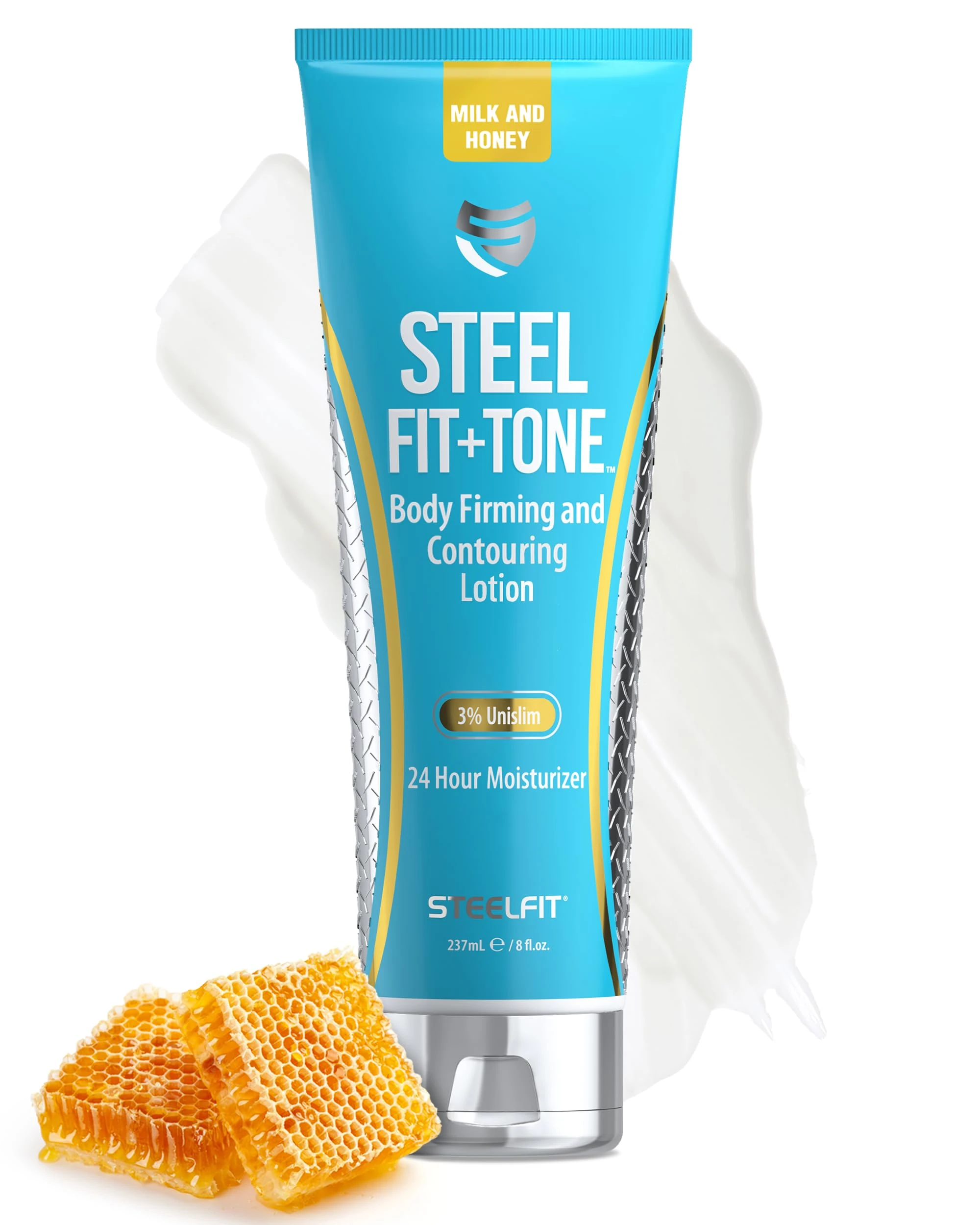 SteelFit Steel Fit + Tone - Body Firming and Contouring Lotion - 3% Unislim - 24 Hour Moisturizer - Collagen - Shea Butter - Cocoa Butter - Aloe Vera - Gotu Kola - 8 fl. oz. (237 mL) (Milk and Honey)