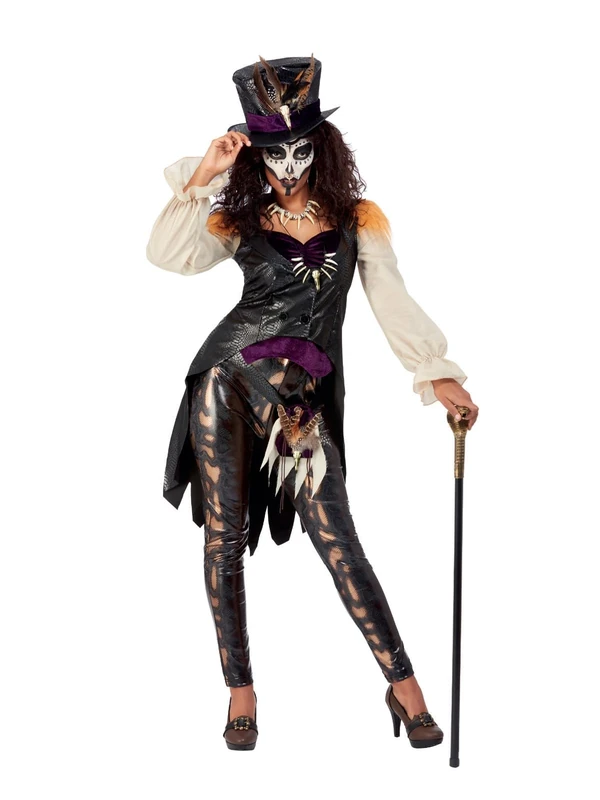 Smiffys Deluxe Voodoo Witch Doctor Costume, Black Jacket, Mock Top, Leggings, Hat & Necklace, Halloween Adult Fancy Dress, Voodoo Woman Dress Up Costumes