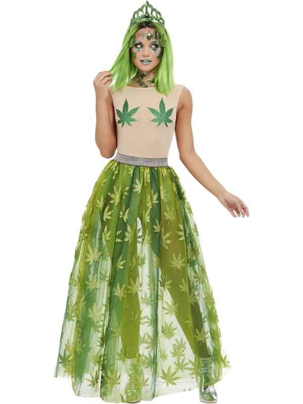 Smiffys Cannabis Queen Costume, Green Sheer Bodysuit, Skirt & Tiara, Funny Fancy Dress, Princess Dress Up Costumes, World Book Day