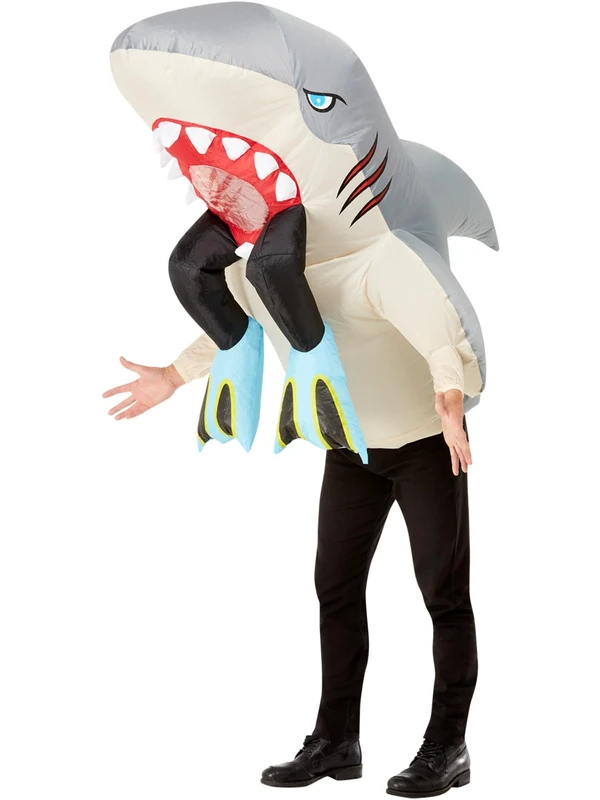 Smiffys Inflatable Shark & Diver Costume, Grey All In One with Self Inflating Fan, Funny Fancy Dress, Animal Dress Up Costumes