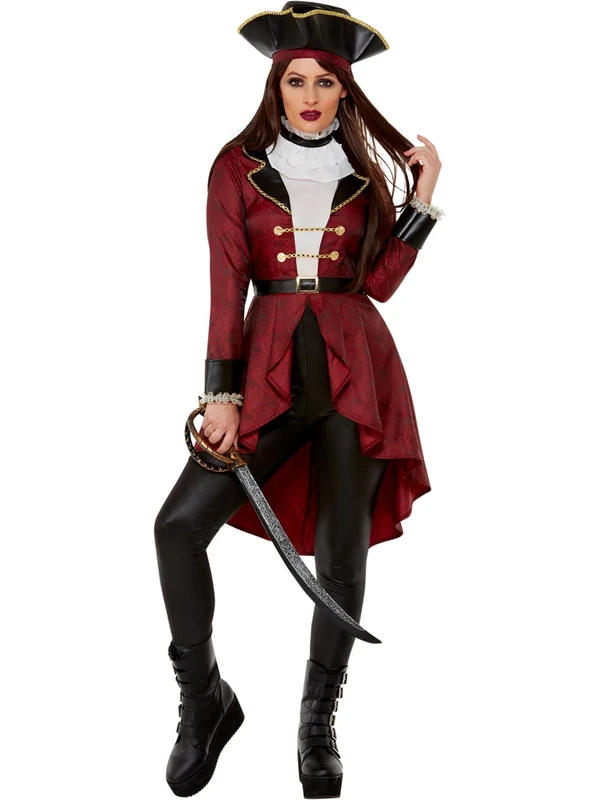 Smiffys Deluxe Swashbuckler Pirate Costume, Burgundy Jacket, Leggings, Neck Ruffle & Hat, Pirate Fancy Dress, Pirate Dress Up Costumes, World Book Day