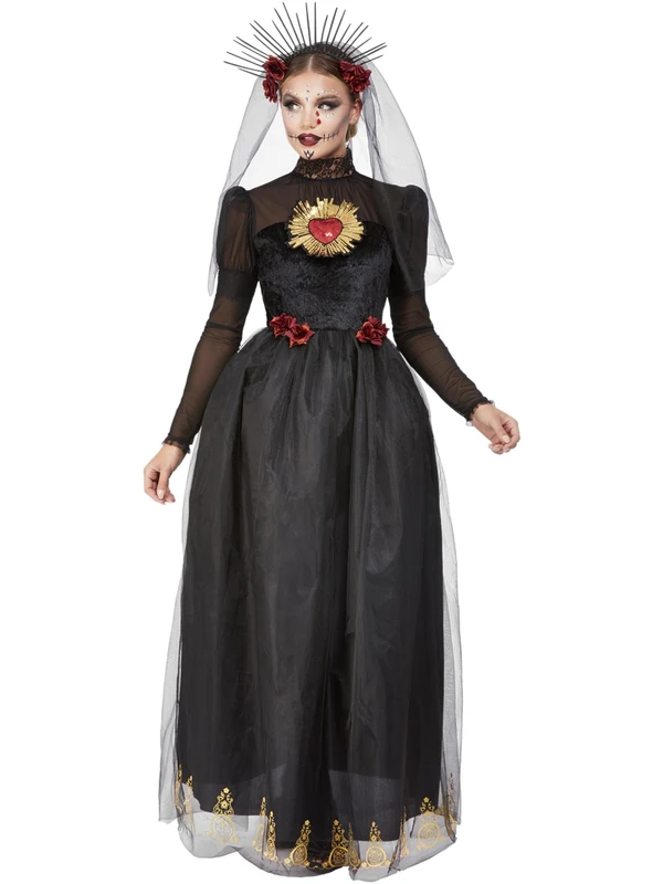 Smiffys Deluxe DOTD Sacred Heart Bride Costume, Black Dress & Veiled Headband, Mexican Day of The Dead/Sugar Fancy Dress, Day of The Dead Lady Dress Up Costumes - Image 1