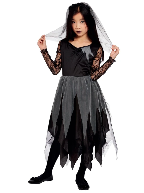 Smiffys Grave Yard Bride Child Fancy Dress - Black Dress & Veil