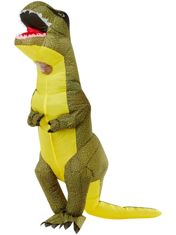 Smiffys Inflatable T-Rex Costume, Green All In One with Self Inflating Fan, Funny Fancy Dress, Dinosaur Dress Up Costumes
