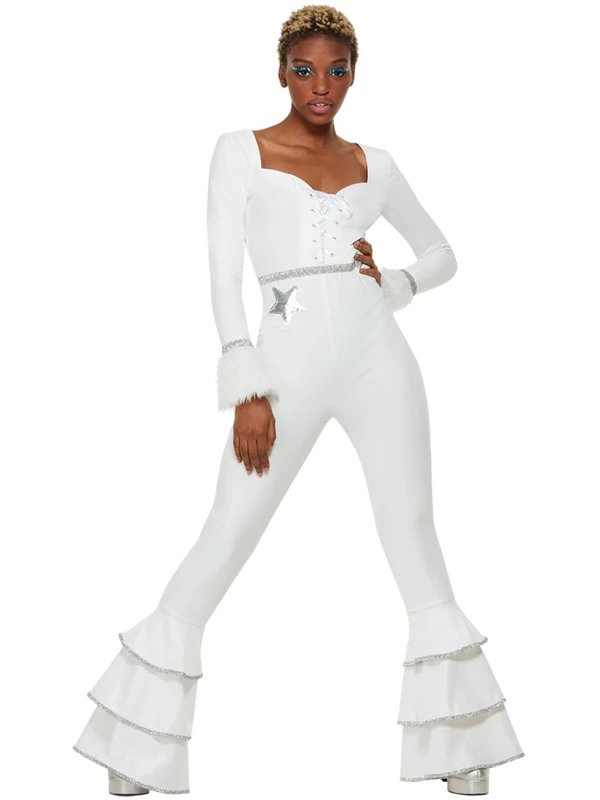 Smiffys 70s Deluxe Glam Costume, White Ruffled Jumpsuit, 1970's Disco Fancy Dress, 1970s Dress Up Costumes
