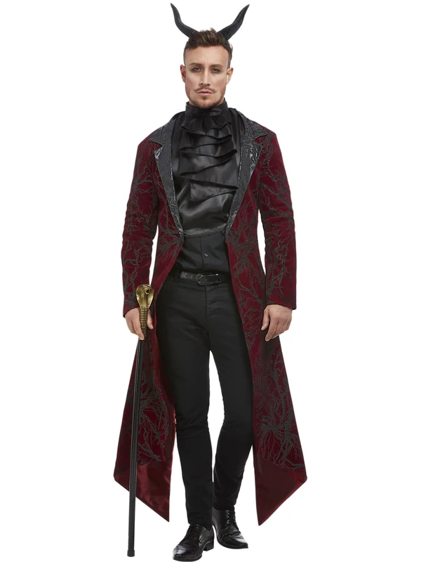 Smiffys Deluxe Devil Costume, Red Jacket, Cravat & Horns, Halloween Adult Fancy Dress, Devil Dress Up Costumes, World Book Day