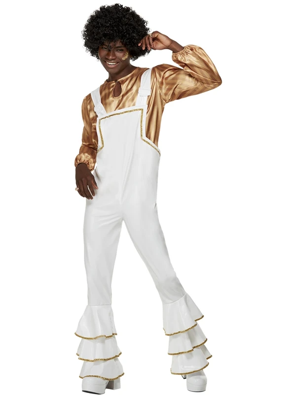 Smiffys 70s Glam Costume, White Shirt & Dungarees, 1970's Disco Fancy Dress, 1970s Dress Up Costumes, World Book Day