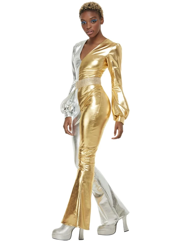 Smiffys 70s Super Chic Costume, Gold & Silver All In One & Belt, 1970's Disco Fancy Dress, 1970s Dress Up Costumes