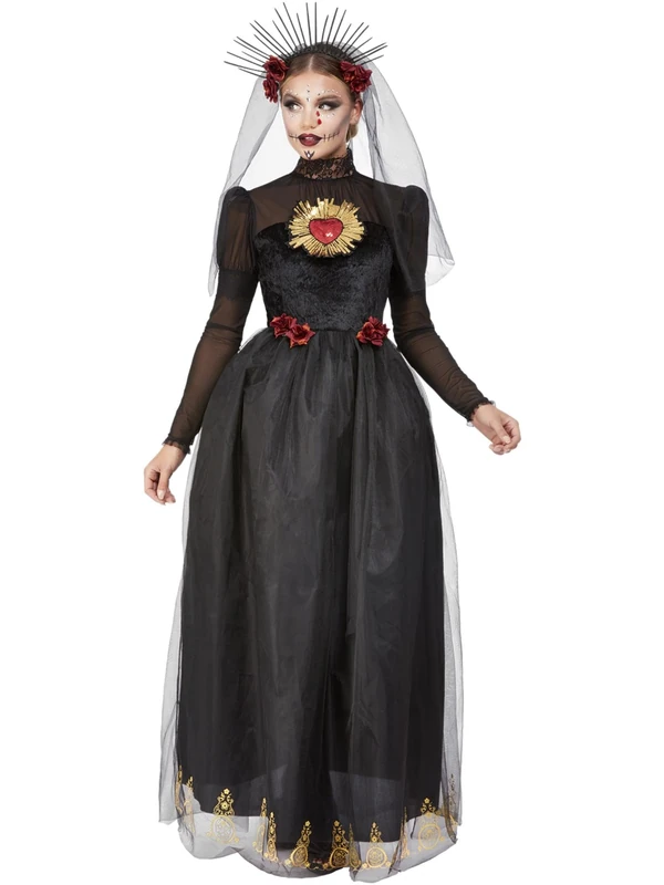 Smiffys Deluxe DOTD Sacred Heart Bride Costume, Black Dress & Veiled Headband, Mexican Day of The Dead/Sugar Fancy Dress, Day of The Dead Lady Dress Up Costumes