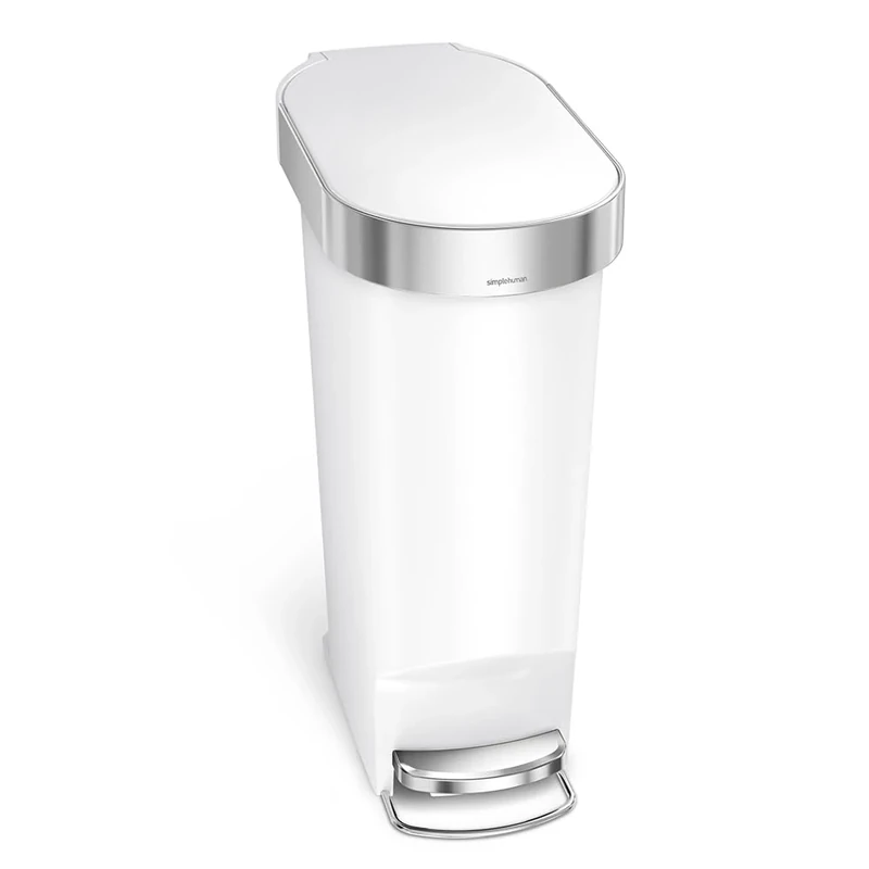 simplehuman 40L Slim Kitchen Pedal Bin with Liner Rim, Silent Soft Close Lid, White Plastic, W 51.30cm x H 61.50cm x D 26.00cm