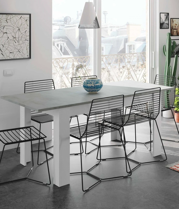Dmora - Extending table Midland, Extendable dining room table, Extendable dining table with extension, 140/190x90h78 cm, Cement and White