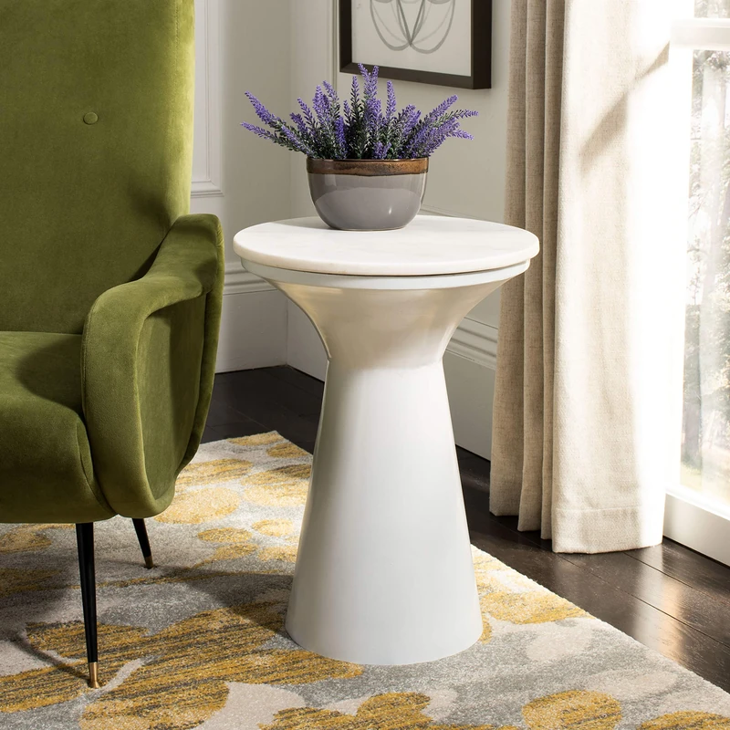 Safavieh Pedestal End Table, EAT7203B in White Marble