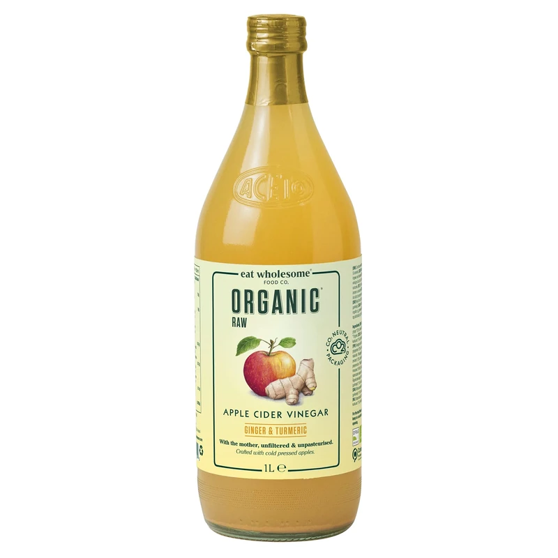 Eat Wholesome Organic Apple Cider Vinegar, Ginger, Turmeric and Chilli, 1L - Raw, Unpasteurised, Unfiltered, With The Mother, Vegan, Glass Bottle in Box, CO2 Neutral Packaging