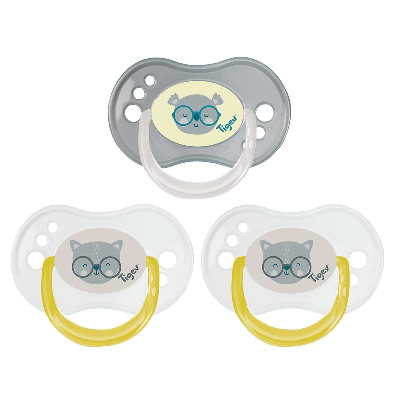 Tigex Day and Night Reversible Pacifiers, 18-36 Months, Silicone, BPA Free, Pack of 3, White and Grey [Boys, Girls]