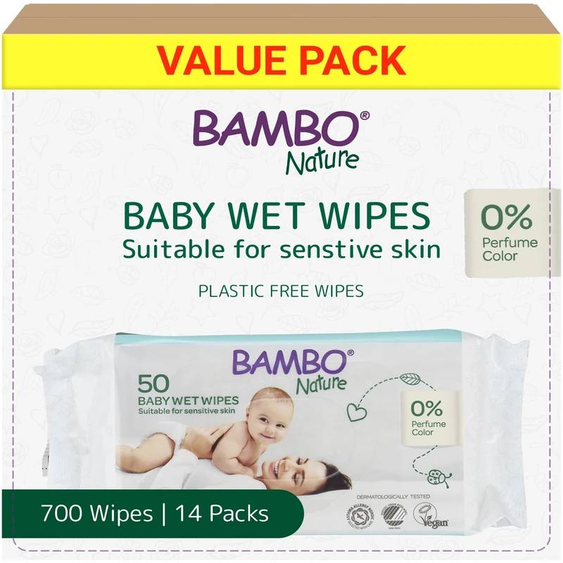 Bambo Nature Plastic-Free Baby Wet Wipes - 14 Packs of 50
