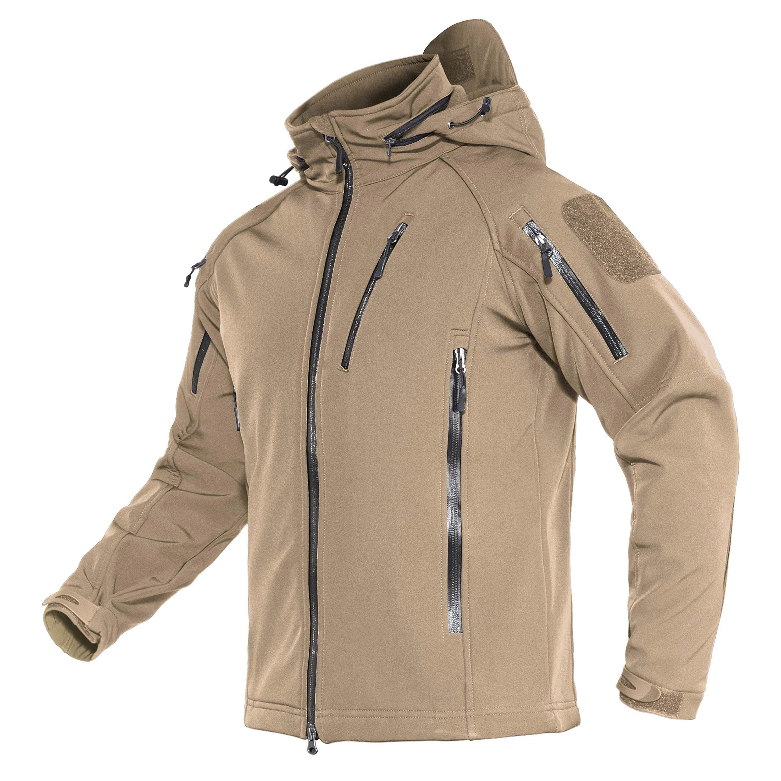 TACVASEN Mens Fleece Jacket Full Zip Outdoor Coats with Hood Waterproof Softshell Jackets Windproof Walking Coat Khaki,L