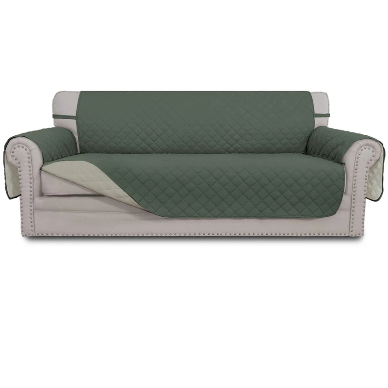 Easy-Going 4 Seater Sofa Slipcover Reversible Sofa Cover Water Resistant Couch Cover with Foam Sticks Elastic Straps Furniture Protector for Pets Children Dog Cat (XX-Large, Greyish Green/Beige)