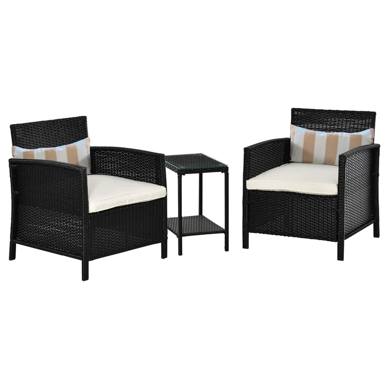 Outsunny 3 Pieces Rattan Bistro Set, Wicker Garden Furniture Set, Glass Top 2-tier Coffee Table and Chairs Set with Pillows and Washable Cushions for Outdoor, Patio, Balcony, Black