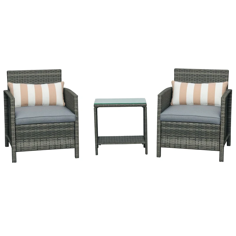 Outsunny 3 Pieces Rattan Bistro Set, Wicker Garden Furniture Set, Glass Top 2-tier Coffee Table and Chairs Set with Pillows and Washable Cushions for Outdoor, Patio, Balcony, Grey