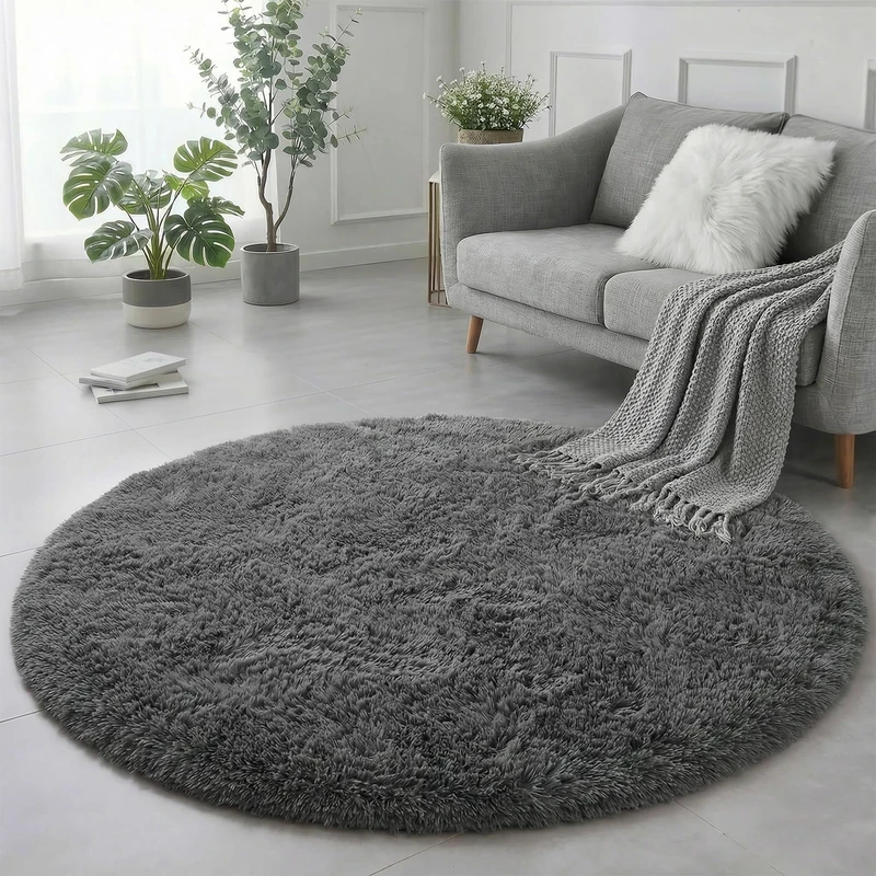 Grey Fluffy Shag Circle Rug 4 Ft for Living Room, Bedroom, and Kids Room Aesthetic, Soft Plush Carpet for Home Office and Baby Nursery