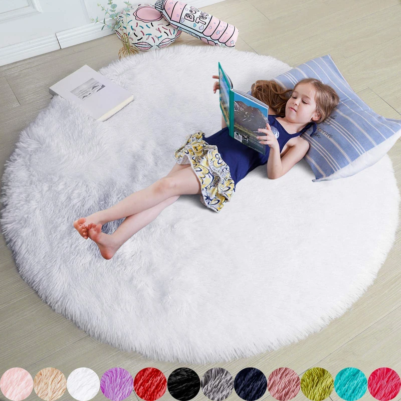 Amdrebio White Fluffy Round Rug for Bedroom and Living Room, Washable Fuzzy Fur Carpet for Nursery and Kids' Room Decor - Image 1