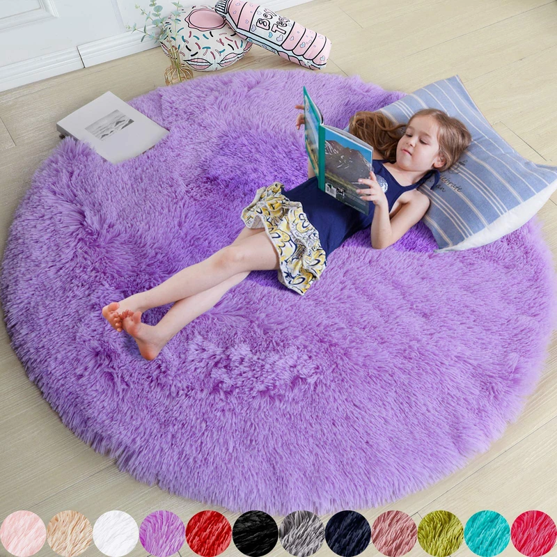 Amdrebio Purple Round Rug - Fluffy Circle Carpet, 4'x4', Shaggy Plush for Bedroom, Kids, Teen's & Dorm Room, Reading