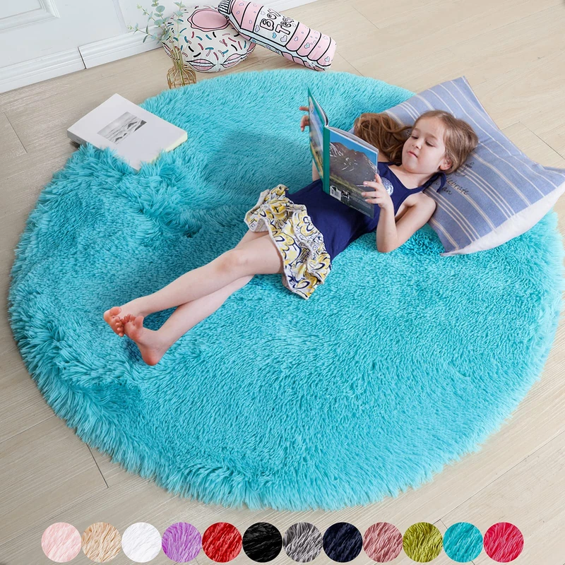 Amdrebio Blue Round Area Rug, 5'X5', Fluffy Plush Polyester Fibers, Non-Slip Rubber Backing, Perfect for Bedroom, Hallway, Kids Room