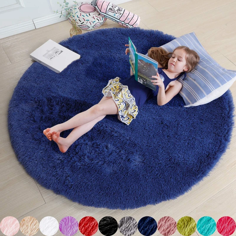 Navy Blue Fluffy Circle Rug, 5'X5' for Kids, Teens & Nursery, Plush Shaggy Carpet for Dorm & Baby Room Decor