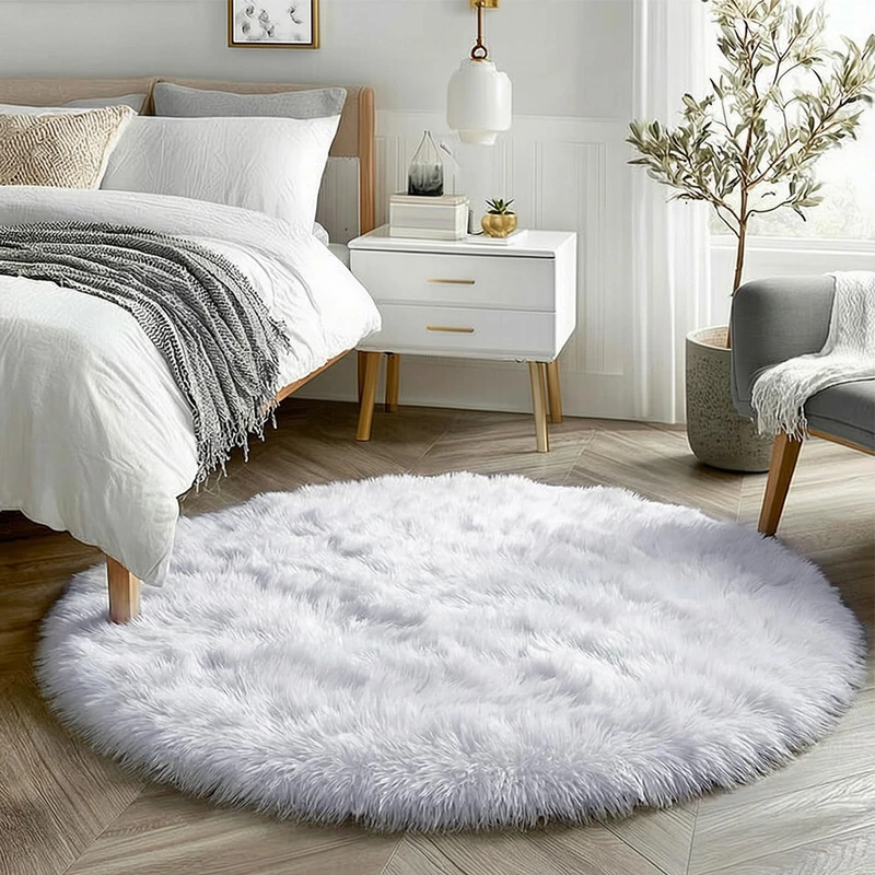 White Round Fluffy Carpet - 5'X5' for Bedroom, Kids, Teen's & Nursery Room - Plush Shaggy Rug for Dorm & Baby's Room Decor