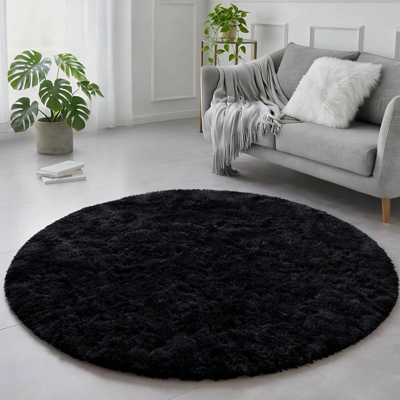 Amdrebio Black Round Rug - Fluffy Circle Carpet, 4'x4', Shaggy Plush for Bedroom, Kids, Teen's & Nursery Room, Dorm & Reading