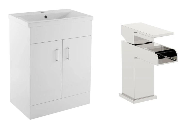 VeeBath Sobek 700 Vanity Unit with Basin and Waterfall Mixer Tap, Floor Standing Cabinet Rectangular Ceramic Wash Basin for Bathroom Furniture with 2 Doors- Gloss White (Flat Pack)