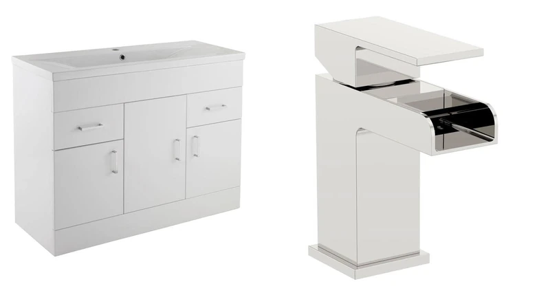 VeeBath Sobek 1000 Vanity Unit with Basin and Waterfall Mixer Tap, Floor Standing Cabinet Rectangular Ceramic Wash Basin for Bathroom Furniture with 3 Doors and 2 Drawers- Gloss White (Flat Pack)