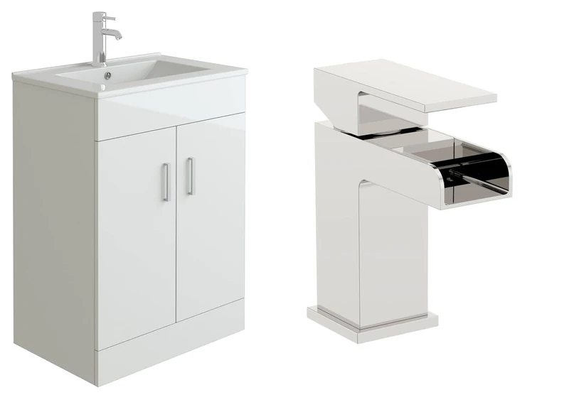 VeeBath Sphinx 600 Vanity Unit with Basin and Waterfall Mixer Tap, Floor Standing Cabinet Rectangular Ceramic Wash Basin for Bathroom Furniture with 2 Doors- Gloss White (Flat Pack)