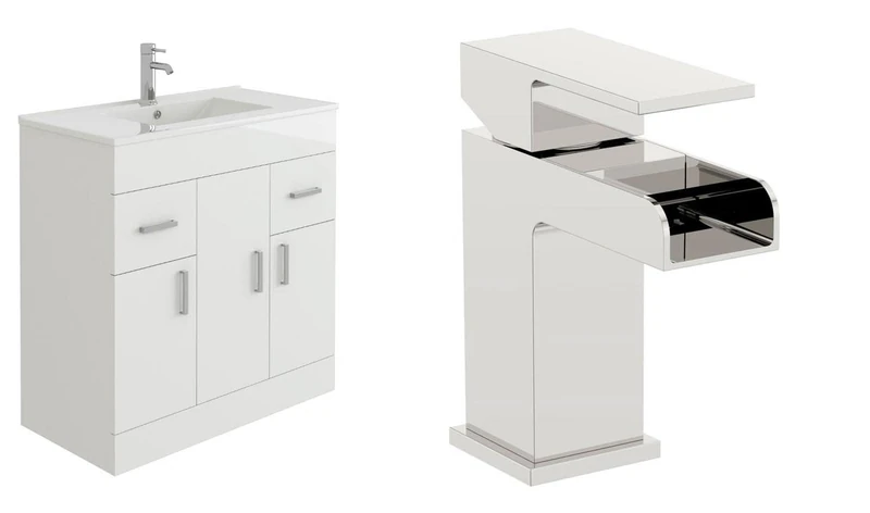 VeeBath Sphinx 800 Vanity Unit with Basin and Waterfall Mixer Tap, Floor Standing Cabinet Rectangular Ceramic Wash Basin for Bathroom Furniture with 3 Doors and 2 Drawers- Gloss White (Flat Pack)