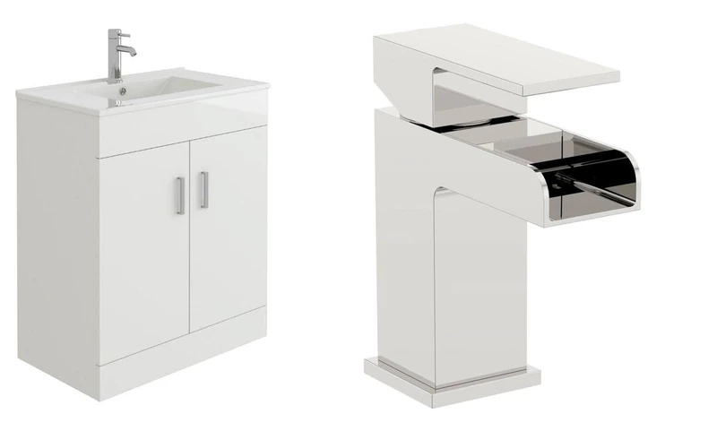 VeeBath Sphinx 700 Vanity Unit with Basin and Waterfall Mixer Tap, Floor Standing Cabinet Rectangular Ceramic Wash Basin for Bathroom Furniture with 2 Doors- Gloss White (Flat Pack)