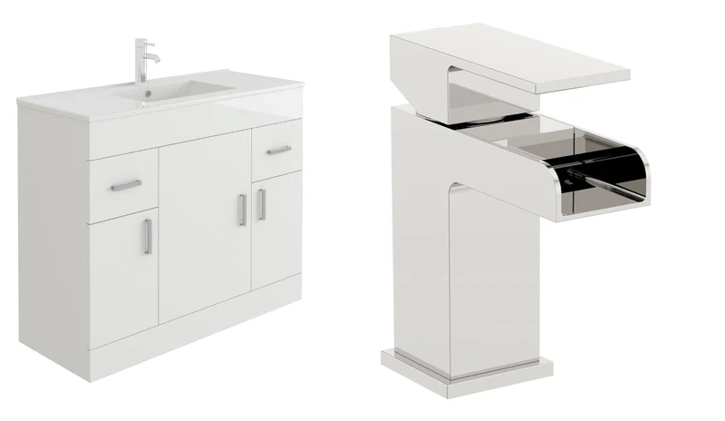 VeeBath Sphinx 1000 Vanity Unit with Basin and Waterfall Mixer Tap, Floor Standing Cabinet Rectangular Ceramic Wash Basin for Bathroom Furniture with 3 Doors and 2 Drawers- Gloss White (Flat Pack)