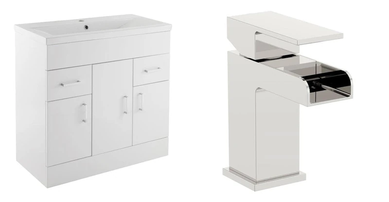 VeeBath Sobek 800 Vanity Unit with Basin and Waterfall Mixer Tap, Floor Standing Cabinet Rectangular Ceramic Wash Basin for Bathroom Furniture with 3 Doors and 2 Drawers- Gloss White (Flat Pack)