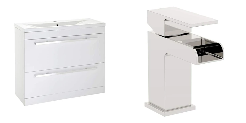 VeeBath Sobek 1000mm High Gloss White Minimalist Vanity Sink Unit with Waterfall Designer Chrome Basin Mixer Tap + Waste (Flat Pack)