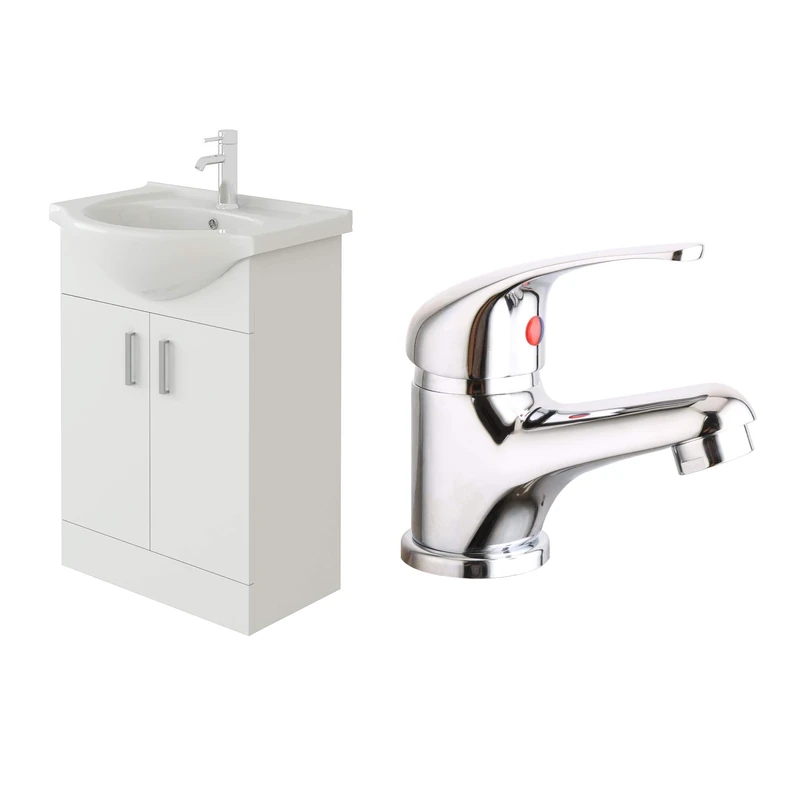 VeeBath Linx 550 Vanity Unit with Ceramic Wash Basin Sink and Mono Mixer Tap, Floor Standing, Soft Close Doors Bathroom Storage Cabinet- White (Flat Pack)