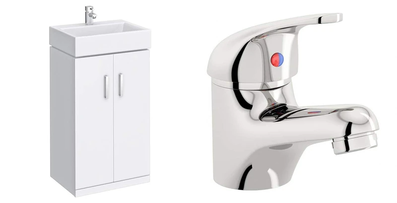 VeeBath Linx High Gloss White 450mm Compact Cloakroom Vanity Unit with Egham Designer Chrome Mixer Sink Basin Tap (Assembled)