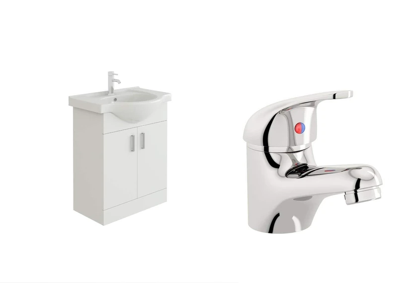 VeeBath Linx 650 Vanity Unit with Ceramic Wash Basin Sink and Mono Mixer Tap, Floor Standing, Soft Close Doors Bathroom Storage Cabinet- White (Flat Pack)