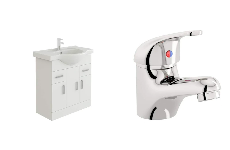 VeeBath Linx 750 Vanity Unit with Ceramic Wash Basin Sink and Mono Mixer Tap, Floor Standing, Soft Close Doors Bathroom Storage Cabinet- White (Flat Pack)